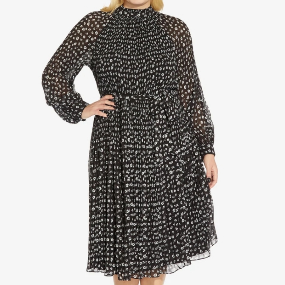 ADRIANNA PAPELL PLUS SIZE FIT AND FLARE CHIFFON DRESS BLACK IVORY